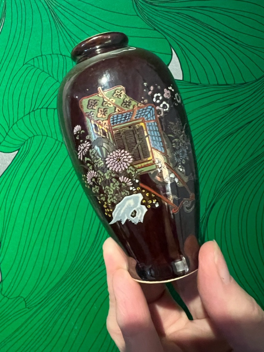 Vintage Brown Cloisonné-Style Floral bud Vase